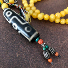 Genuine Amber Tibetan Mala with 9-eye Old Dzi Bead Necklace
