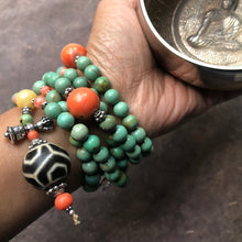 Genuine Antique Tibetan Turquoise, Coral and Dzi bead Mala Necklace