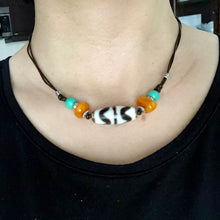 Vintage Tibetan Dzi and Amber beads on Leather Necklace