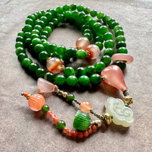Green Nephrite Jade and NanHong Icy-Float Agate Mala Necklace