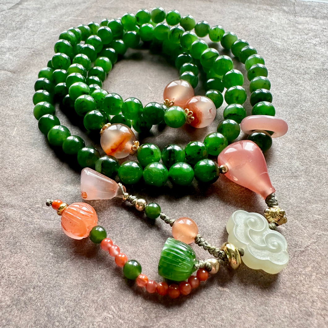 Green Nephrite Jade and NanHong Icy-Float Agate Mala Necklace