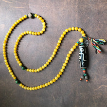 Genuine Amber Tibetan Mala with 9-eye Old Dzi Bead Necklace