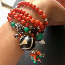 Genuine Antique Tibetan Red Coral and Old Dzi bead Mala Necklace