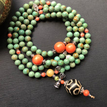 Genuine Antique Tibetan Turquoise, Coral and Dzi bead Mala Necklace