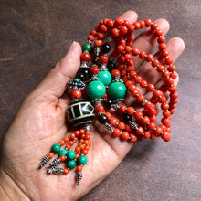 Genuine Antique Tibetan Red Coral and Old Dzi bead Mala Necklace