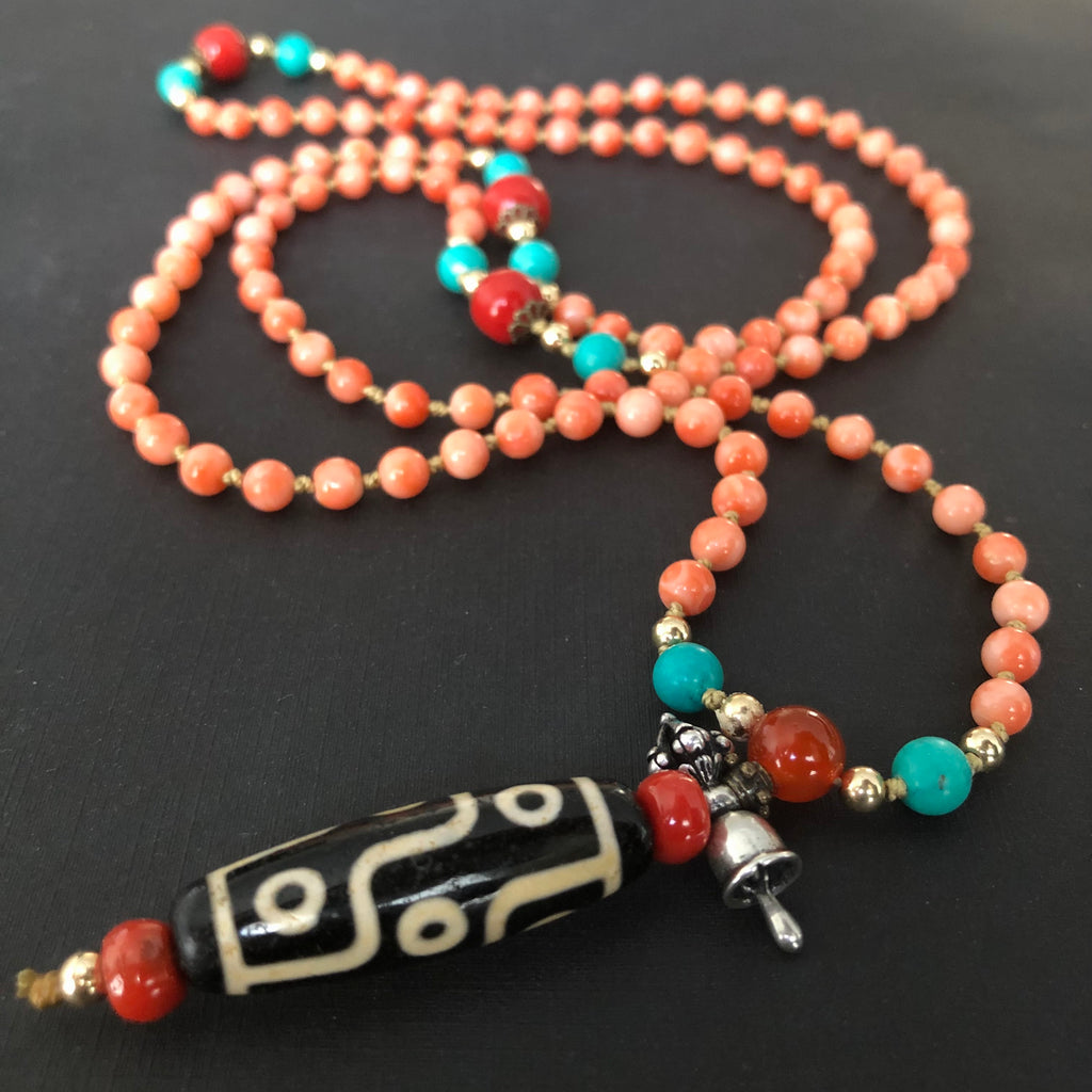 Genuine Antique Tibetan Red Coral and Old Dzi bead Mala Necklace – Ping  Amber Jewelry