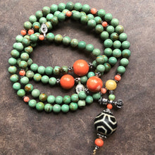 Genuine Antique Tibetan Turquoise, Coral and Dzi bead Mala Necklace