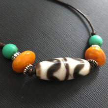 Vintage Tibetan Dzi and Amber beads on Leather Necklace