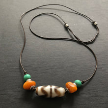 Vintage Tibetan Dzi and Amber beads on Leather Necklace