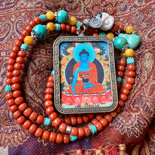 Certified NanHong Agate and Turquoise Mala Necklace with “Medicine Buddha” Thangka Pendant
