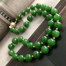 Fine Green Nephrite Jade Beads and 14k Gold and Diamonds Necklace