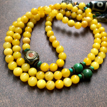Genuine Amber Tibetan Mala with 9-eye Old Dzi Bead Necklace