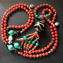 Genuine Antique Tibetan Red Coral and Old Dzi bead Mala Necklace