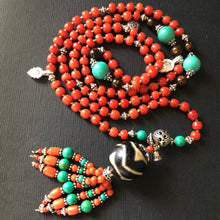 Genuine Antique Tibetan Red Coral and Old Dzi bead Mala Necklace