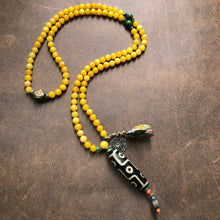 Genuine Amber Tibetan Mala with 9-eye Old Dzi Bead Necklace