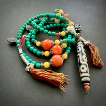 Genuine Turquoise Tibetan Mala Necklace with Vintage 9-Eye dZi