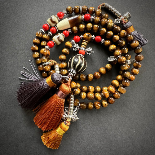 Genuine Golden Coral and Vintage Dzi Tibetan Mala Necklace