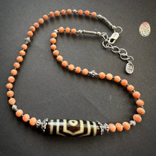Antique Tibetan Salmon Red Coral Necklace with 3-Eye  dZi Bead