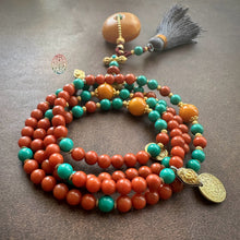 Fine Nanhong Agate and Turquoise Mala Necklace with Amber Pendant