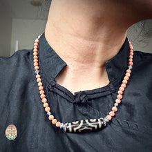 Antique Tibetan Salmon Red Coral Necklace with 3-Eye  dZi Bead