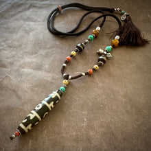Tibetan Lotus Master Three-Eye Dzi Bead Amulet Necklace