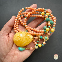 Genuine Salmon Coral Mala Necklace with Amber Pendant