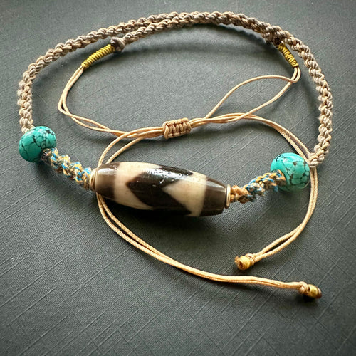 Old Tibetan Tiger Teeth dZi bead with Handmade Cord Necklace