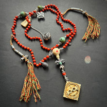 Genuine Antique Red Coral and Old Tibetan Pendant Mala Necklace