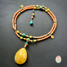 Genuine Salmon Coral Mala Necklace with Amber Pendant