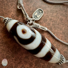 Fine Tibetan 2-Eyes Dzi Bead Amulet on Silver Chain Necklace