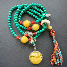 Genuine Hubei Turquoise Tibetan Mala Necklace with Amber Pendant