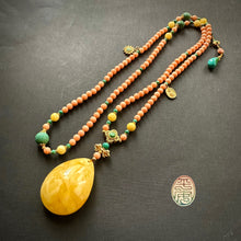 Genuine Salmon Coral Mala Necklace with Amber Pendant