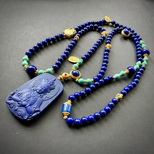 Lapis Lazuli Tibetan Mala Necklace with Buddha Pendant