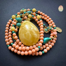 Genuine Salmon Coral Mala Necklace with Amber Pendant