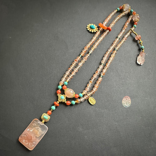 Natural NanHong Icy-Float Agate Ox Pendant Mala Necklace