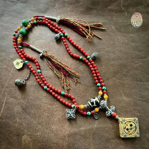 Genuine Antique Red Coral and Old Tibetan Pendant Mala Necklace