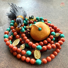 Fine Nanhong Agate and Turquoise Mala Necklace with Amber Pendant