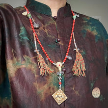 Genuine Antique Red Coral and Old Tibetan Pendant Mala Necklace