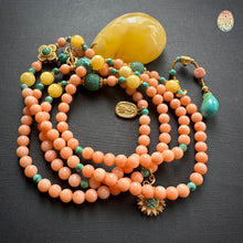 Genuine Salmon Coral Mala Necklace with Amber Pendant