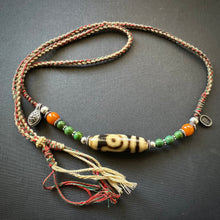 Vintage Tibetan 2-Eye dZi bead with Turquoise on Handmade Cord Necklace