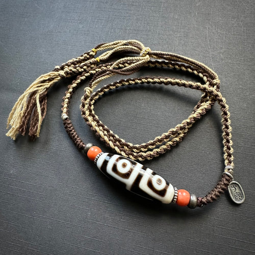 Fine 4-Eye dZi bead with Handmade Cord Necklace