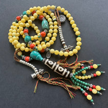 Genuine Amber Tibetan Mala with 4-eye Old Dzi Bead Necklace