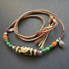 Vintage Tibetan 2-Eye dZi bead with Turquoise on Handmade Cord Necklace