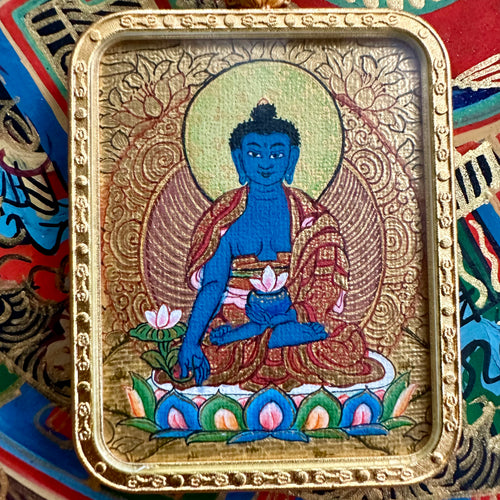 Masterpiece Blue Buddha Thangka on Waven  Cord Necklace