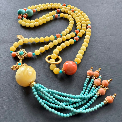 Genuine Amber and Tibetan Coral Mala Necklace