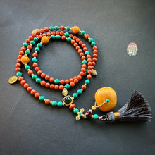 Fine Nanhong Agate and Turquoise Mala Necklace with Amber Pendant