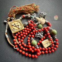 Genuine Antique Red Coral and Old Tibetan Pendant Mala Necklace