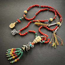 Genuine Antique Tibetan Red Coral and Old Dzi bead Mala Necklace