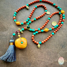 Fine Nanhong Agate and Turquoise Mala Necklace with Amber Pendant