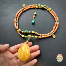 Genuine Salmon Coral Mala Necklace with Amber Pendant